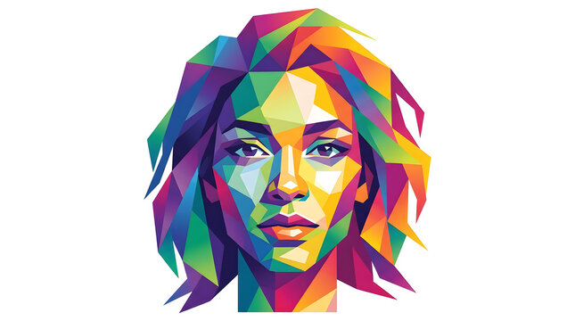 Geometric stylised diverse human face built from colorful abstract polygon mosaic, inclusion diversity art concept