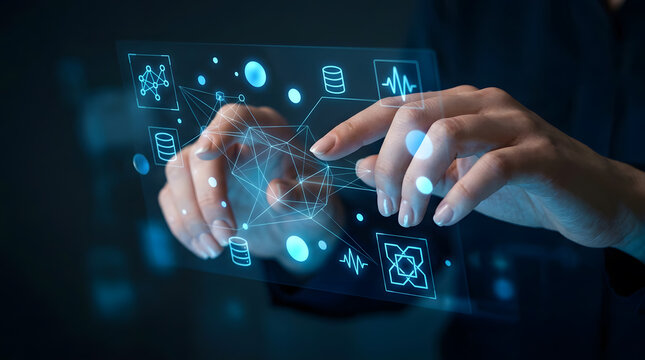Close-up hands touching holographic AI interface with glowing data shapes, fintech digital technology concept