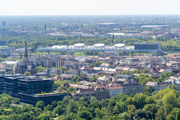 Fototapeta premium Panoramic cityscape of Budapest from the air with residential buildings and green areas