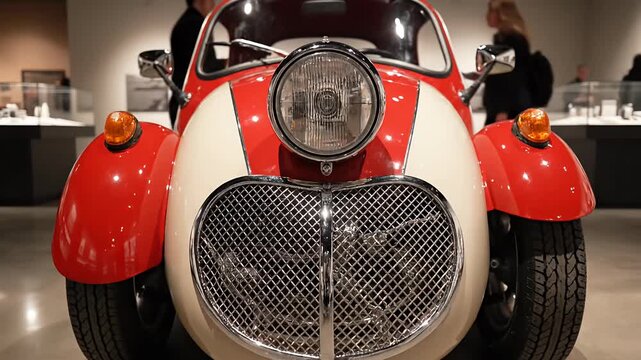 Front view of an orange and white microcar.