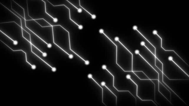 Glowing  white  neon circuit board lines abstract motion design.  of digital networks and modern technology