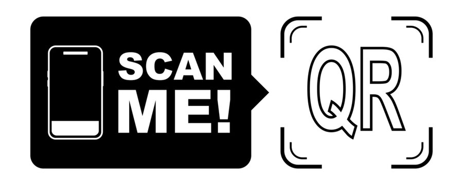 Scan qr me icon and cta now code for phone prompt with arrow. Frame here beside mobile outline and bold black callout by qr label. Simple scanner sign for app interface.