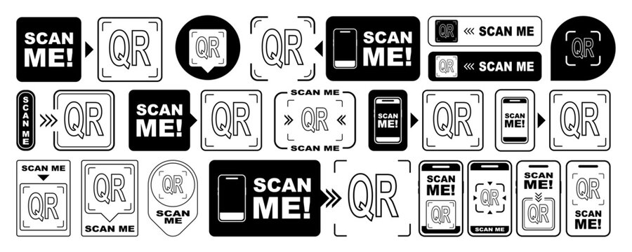 Scan qr me icon with cta now code and arrow frame here for bold label set. Logo vector button sticker with phone screen and mobile app sign. Black scanner template for qrcode badge.