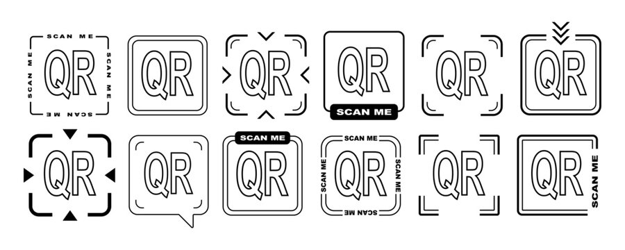 Scan qr me icon with cta now code and arrow frame details. Here logo vector label set for square border by rounded scanner tag. Minimal black outline badge through clean app style.