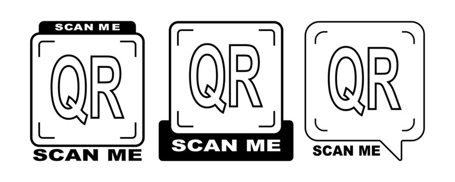 Scan qr me icon with cta now code frame here for speech label. Logo vector button sticker and box by black scanner style. Modern qrcode template for mobile app screen.