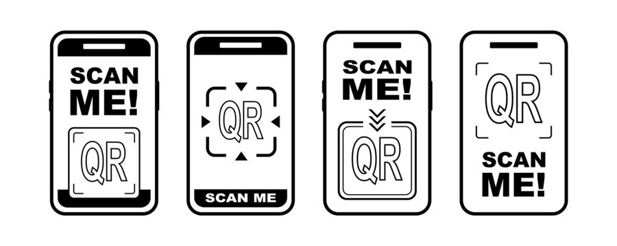 Scan qr me icon with cta now code in phone frame. Here logo vector label and scanner sign for product tag and shop card
