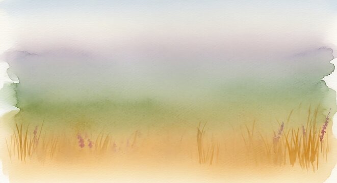 Abstract watercolor painting of a dreamy summer field with soft green and yellow colors in a calm nature scene