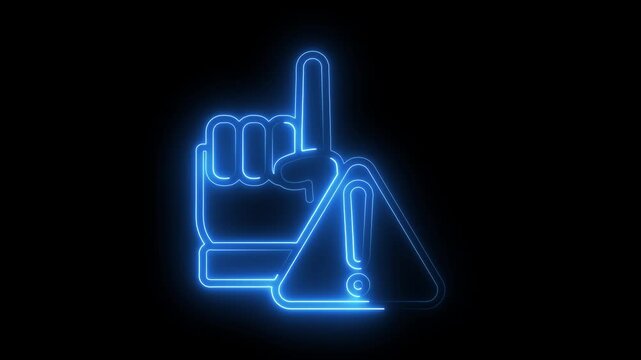 Neon glowing icon of a hand pointing up with an exclamation mark warning sign