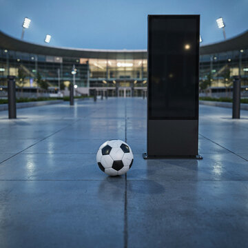 Soccer ball rests on the concrete pavement next to a blank digital information kiosk outside a large modern arena.
