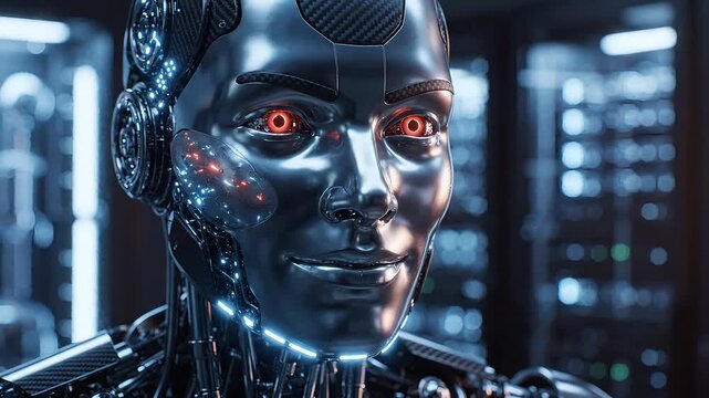 Cyborg robot head, futuristic android face, red glowing eyes, metallic skin, sci-fi technology