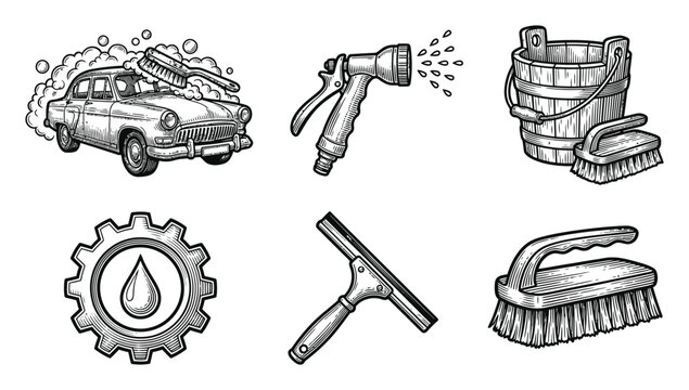 Set of hand-drawn car wash and auto detailing featuring cleaning tools and equipment