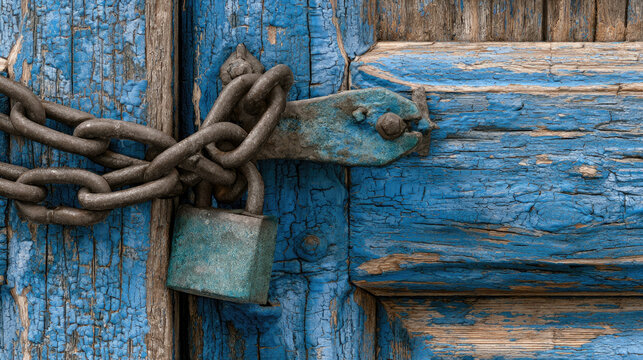 Blue wooden door chain padlock weathered paint old wood close up secure lock rustic texture