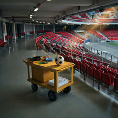 Soccer ball rests on a utility cart inside a stadium to prepare for the upcoming professional athletic tournament.