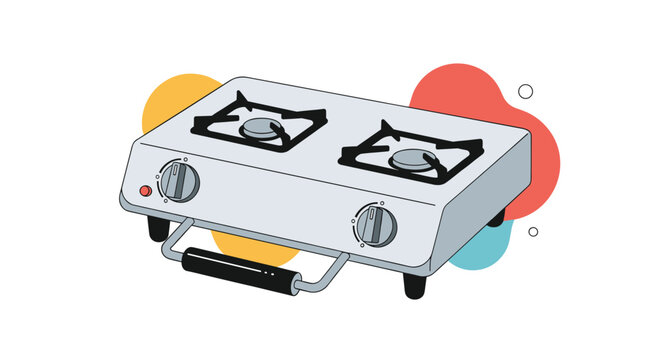 Portable two burner gas stove in grey with black knobs and a handle against a colorful abstract background.