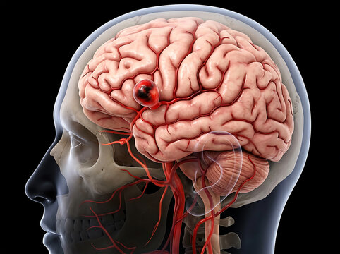 Human brain profile with visible aneurysm and blood vessels head