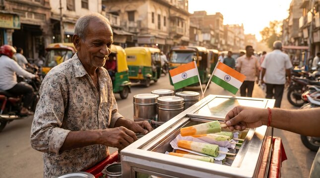 Indian street food vendor selling kulfi
