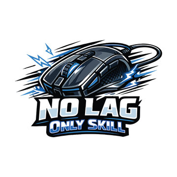 Gaming mouse illustration with no lag only skill text and lightning effects