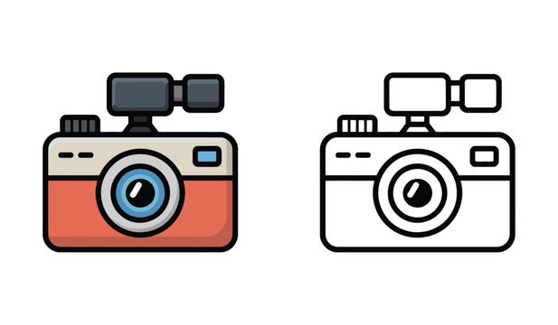 Camera with external microphone icon set in flat and black outline drawing styles.