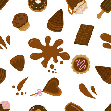 Chocolate sweets vector isolated seamless pattern. Background with chocolate bar, splash, donut, muffin, ice cream, candy, cookie, and hot cocoa for bakery wrapping paper, fabric, wallpaper design.