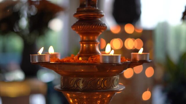Close-up parallax panning shot of an ornate brass diya lamp with multiple burning candles, creating a warm festive atmosphere during Diwali celebrations with out of focus bokeh lights in background