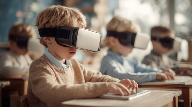 A focused young boy wearing a virtual reality headset in a classroom, engaged in an immersive learning experience