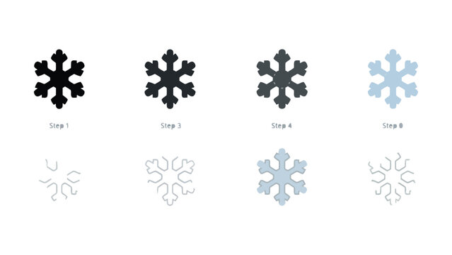 Snowflake formation process steps with changing color and texture over time