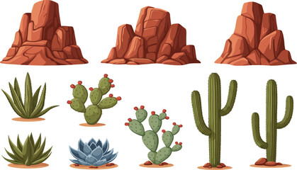 Desert Element Set Flat Vector Illustration with Isolated Red Rock Formations Cactus Saguaro Prickly Pear and Agave Plants on White Background © MstAnjuAra