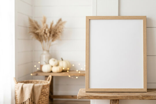Blank vertical frame mockup with soft autumn decor in a cozy neutral interior. Perfect for poster previews, branding presentations, home decor ads, or seasonal campaigns.