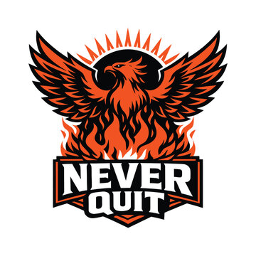 Phoenix bird with flames and never quit text logo