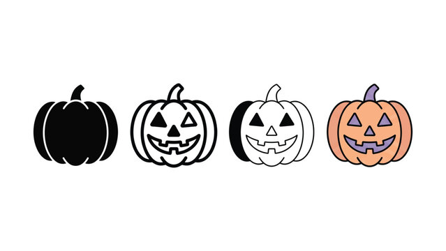Four different jack o lantern pumpkins in various design styles for halloween