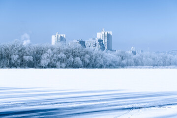 Tree branches covered with frost against the backdrop of a blue sky, a river and high-rise buildings. © Vladimir