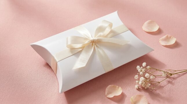 White pillow box with cream ribbon and baby's breath flowers on pink fabric
