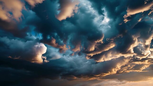 Dramatic storm cloud lightning sky over dark thunderstorm front with evening sunset light and weather cloudscape