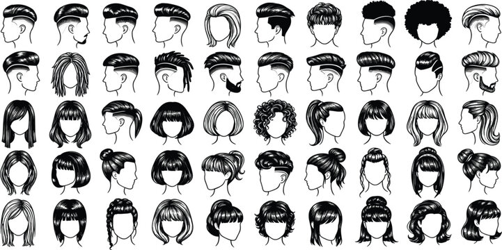 Men and Women Hairstyle Collection Featuring Modern Haircuts, Fashion Salon Styles, Trendy Looks, and Barber Designs