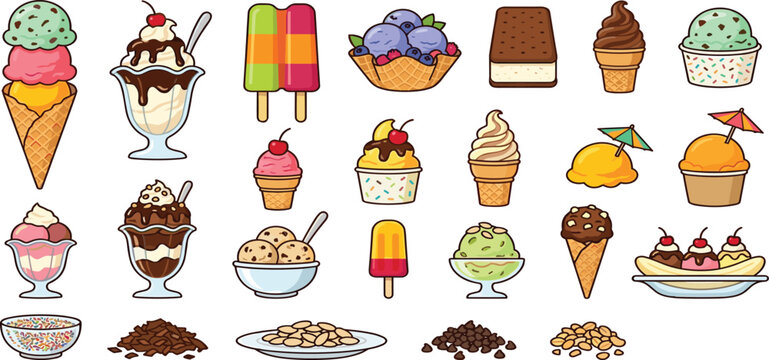 Delicious Ice Cream and Popsicle Collection with Sweet Frozen Dessert Sundae Banana Split Vector Illustration Elements