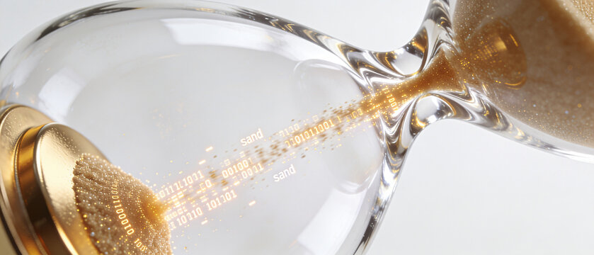 Digital Data Hourglass with Binary Code Flowing as Sand Particles