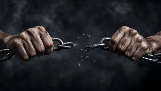 Breaking free from chains, hands struggle in darkness