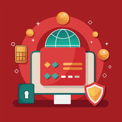 Naklejka premium Digital payment security concept with credit card shield lock and world globe on red background for financial safety and protection illustration.