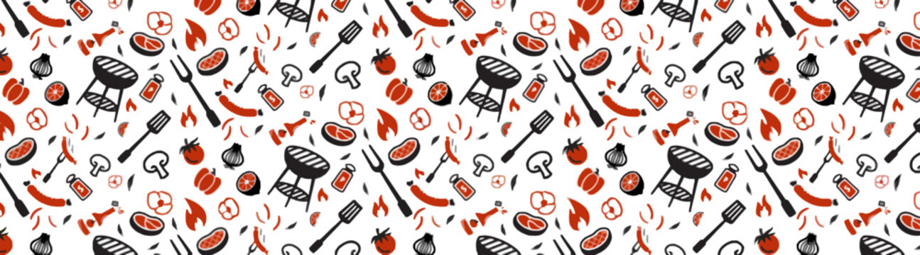 Barbecue pattern with grilled food icons, picnic and summer cooking
