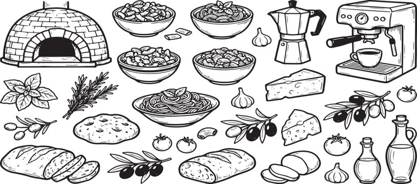 Detailed hand drawn italian culinary ingredients and dish sketch set with ingredients illustration restaurant culinary