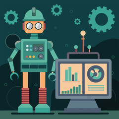 Naklejka premium Industrial robot with computer monitor displaying data analytics and charts for automation and smart manufacturing.