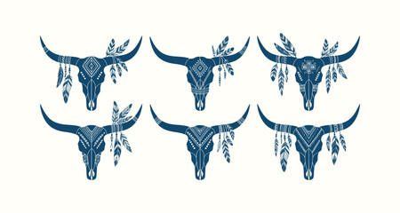 Set of Six Tribal Bull Skull Silhouettes with Feathers and Native American Ethnic Patterns Boho © Riyad29