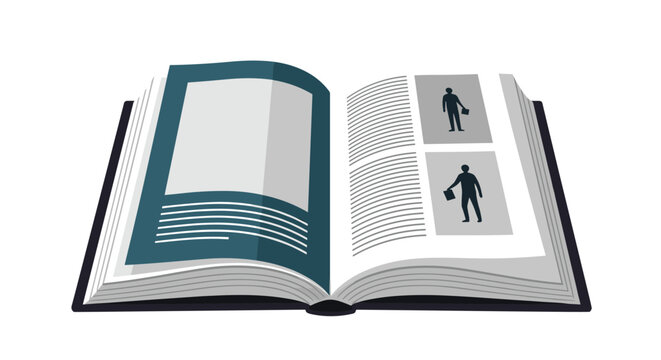 Open book with two pages showing text layouts and black silhouette illustrations of a person holding a case.