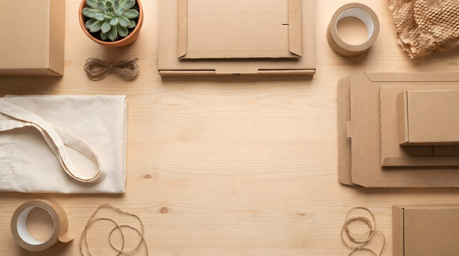 Eco friendly shipping and packaging materials on wooden background