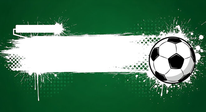 Soccer ball on grungy green background with white paint roller stroke banner football background textured template activity