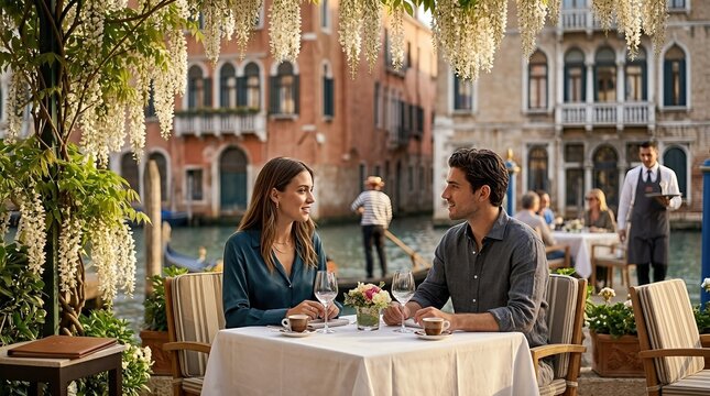 happy couple enjoying a romantic lunch at an outdoor cafe in venice italy
