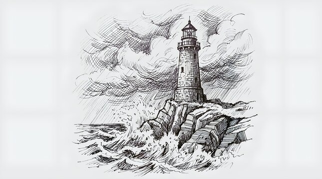 Minimalist lighthouse illustration on a rocky outcrop with atmospheric clouds.
