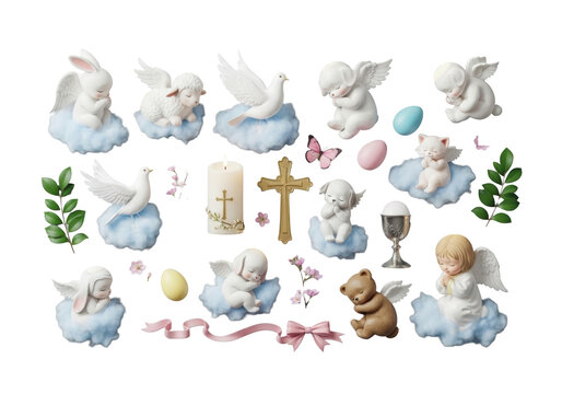Ethereal baby animal and child angels, dove, golden cross, pastel easter eggs, and blossoms arranged on soft blue clouds, studio flat lay on gray background, concept for spiritual easter celebration