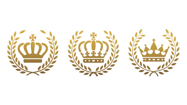 Set of three golden crowns with laurel wreaths for luxury branding and royal heraldic logo design elements Vector