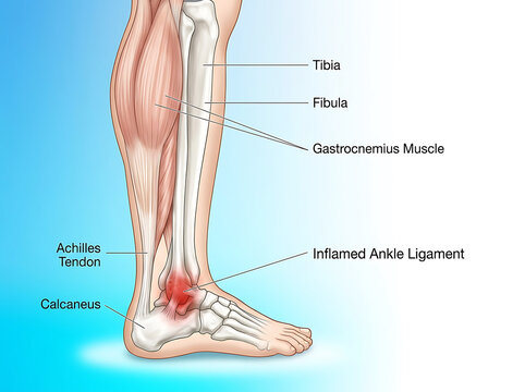 Human leg anatomy with inflamed ankle ligament and labeled bones muscles skeletal